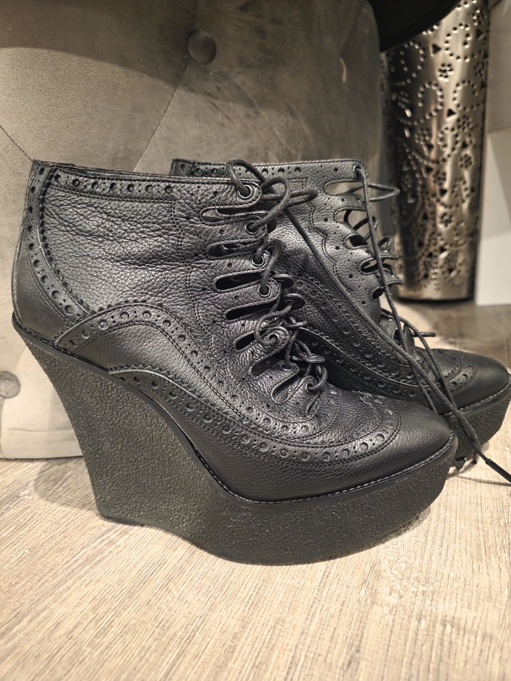 Burberry Black Leather Lace-Up Wedge Booties